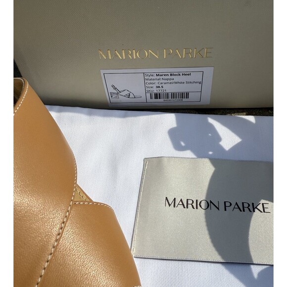 Marion Parke Maren Block Heel Napa Caramel White Stitching NIB $595 Size US 8.5 - Picture 2 of 11